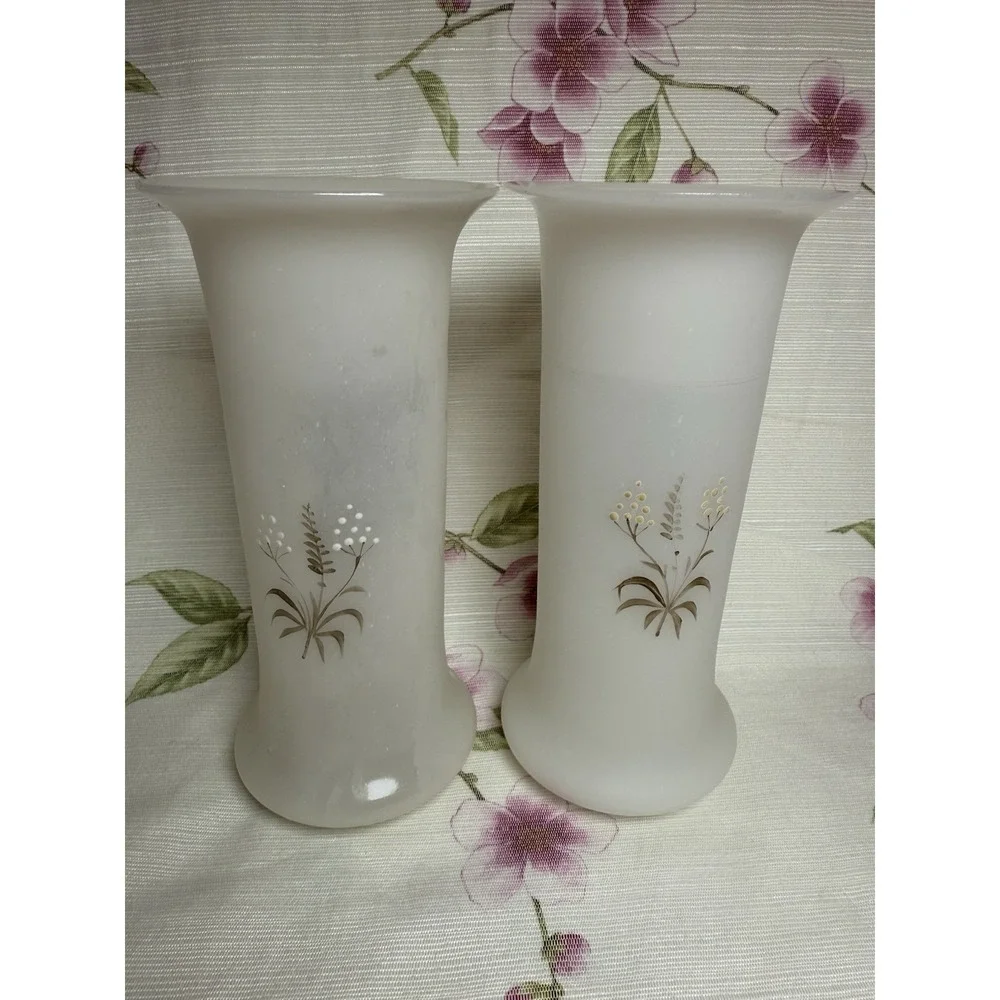 Vintage Hand Painted Milk Glass Floral Vases Set of 2 White 8